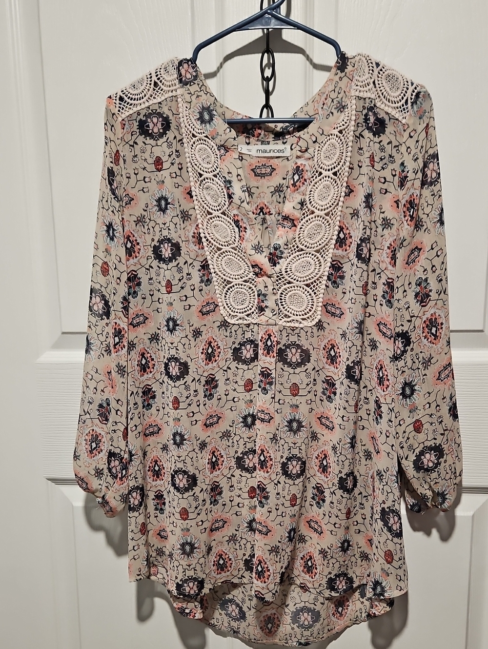 Maurices Beige Floral Crochet Trim Tunic